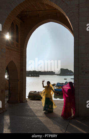 The image of Rajasthani Ladies at Gadisar Lake, Jaisalmer, Rajasthan, India Stock Photo