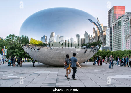 Mirroring sculpture Cloud Gate, The Bean, by British artist Anish Kapoor, Millennium Park, Chicago, Illinois, USA Stock Photo