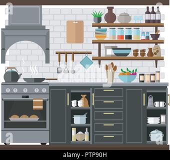 Stylish and fashionable kitchen in simple colors. Vector illustration on the theme of the interior. Stock Vector