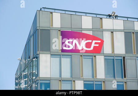 Lille (northern France). SNCF sign (French national railway company) in the urban quarter of Euralille. Stock Photo