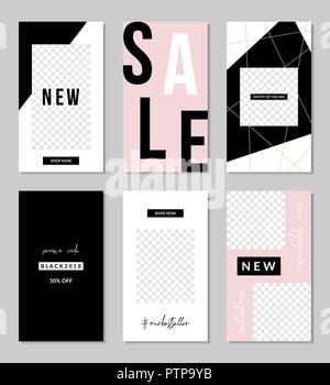 A set of six editable templates for Instagram Stories in pastel pink, white, gold and black with placeholder for photos. Stock Vector