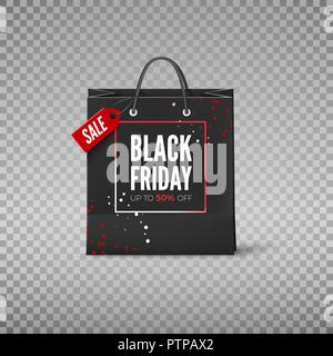 Black Friday concept. Black paper bag with tag Sale and discount offer. Black friday banner template. Vector illustration isolated on transparent back Stock Vector