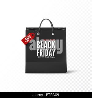 Black Friday concept. Black paper bag with tag Sale and text. Black friday banner template. Vector illustration isolated on transparent background Stock Vector
