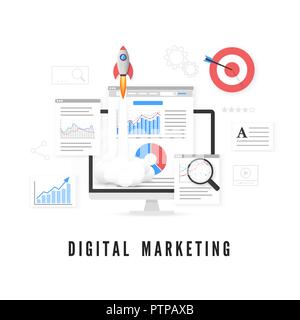 Digital marketing concept. Data analysis. SEO promotion. Vector illustration Stock Vector