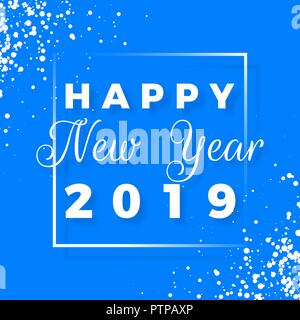 Happy New Year 2019 text design. Greeting card with white text and snowflake on blue background. Holiday postcard. Vector illustration Stock Vector