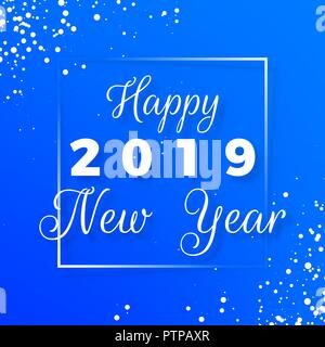 Happy New Year postcard. Happy New Year 2019 text design. Greeting card with white text in frame and snowflakes on blue background. Holiday postcard.  Stock Vector