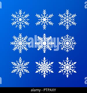 Snowflake icon set. white color snowflakes isolated on blue background. Winter christmas snowflake crystal decoration element. Xmas frost flat isolate Stock Vector