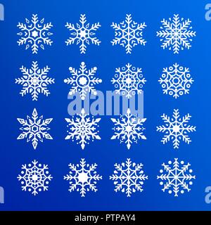 Snowflake set. Abstract collection of white snowflakes. New Year and Christmas design decoration elements. Flat Vector illustration isolated on blue b Stock Vector