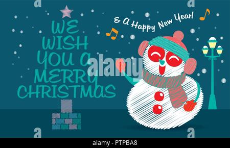 Vector of a cute snowman, singing Christmas carol under the snow. Stock Vector
