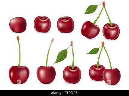 Set of realistic ripe cherry with leaves. Templates for juice, healthy diet and nutrition advertising. Red Cherry isolated on white. 3d Vector illustration Stock Vector