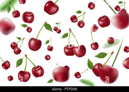 Falling realistic ripe cherry elements. Realistic red cherry with leaves background isolated on white. 3d Vector illustration Stock Vector