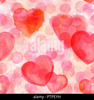 A seamless pattern of watercolor hearts on a pink polka dots background, a Valentine day repeat print Stock Photo