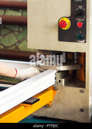 Production of pvc windows, gluing of plastic corners of windows, machine for the production of pvc windows, profile Stock Photo