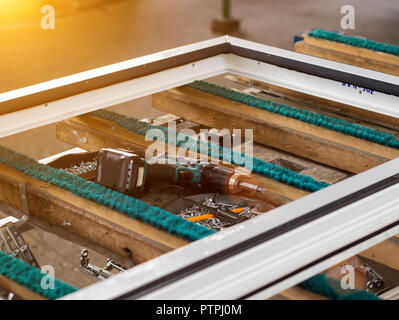 Production of pvc windows, pvc window sash, frame and tools for manufacturing Stock Photo