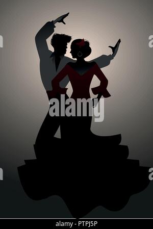 Silhouettes of Spanish couple flamenco dancers. Stock Vector
