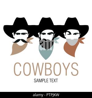 Three cowboys with hat and neckerchief. Symbolic image of america. Stock Vector