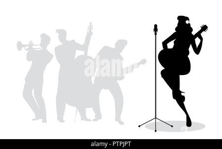 Retro singer woman guitarist silhouette with musicians in the background Stock Vector
