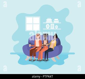 women sitting on sofa with coffee avatar character Stock Vector