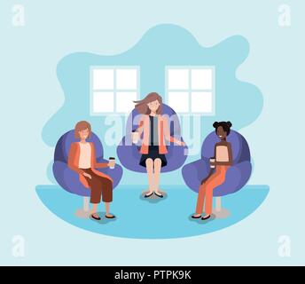 women sitting on sofa with coffee avatar character Stock Vector