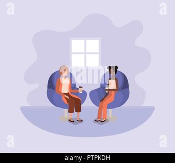 women sitting on sofa with coffee avatar character Stock Vector