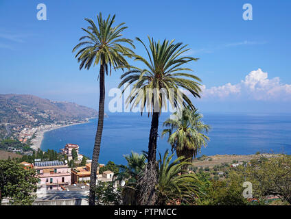 Splendid view from Taormina to the beach of Mazzeo, Sicily, Italy Stock Photo