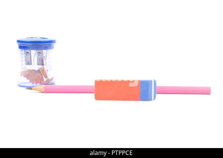 Pencil, eraser and sharpener on white Stock Photo