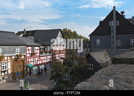 historic half-timbered houses in the old town of braunfels, hesse, germany. Stock Photo