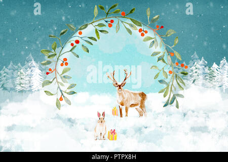 Watercolor Christmas illustration with cute deer and rabbit with gifts in a snowy forest surrounded with a floral wreath Stock Photo