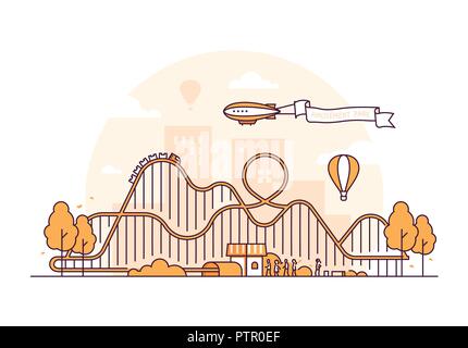 Roller coaster - thin line design style vector illustration on white background. High quality orange colored image with an attraction, people, silhoue Stock Vector