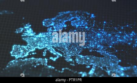 dark earth map with glowing details of city and human population density areas. wiew of europa. 3d illustration Stock Photo