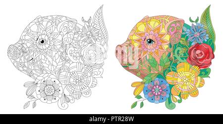 Zentangle stylized pig. Hand drawn decorative vector illustration Stock Vector