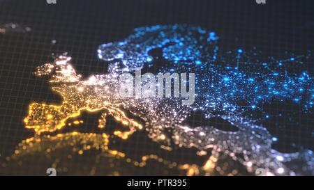 dark earth map with glowing details of city and human population density areas. wiew of europa. 3d illustration Stock Photo