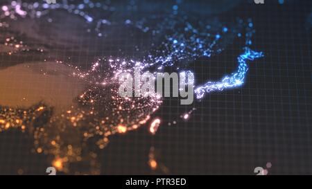 dark earth map with glowing details of city and human population density areas. wiew of asia. 3d illustration Stock Photo