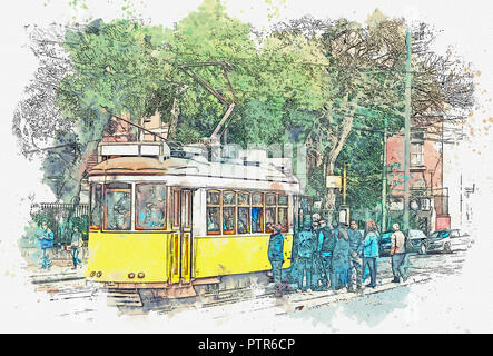 Sketch with watercolor or illustration of a traditional old yellow tram at a tram stop in Lisbon in Portugal. People go inside. Stock Photo