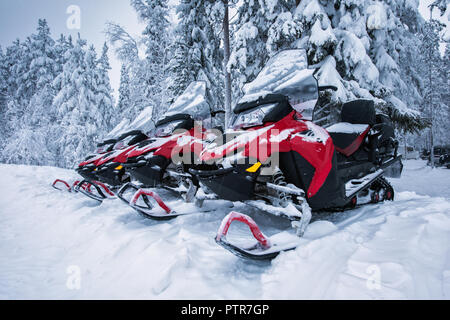 Group of four brightly colored red and black snowmobiles are ready for adventure ride. Vehicles parked in line near beautiful forest in Lapland, Finla Stock Photo