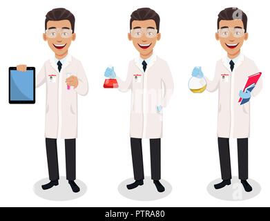 Scientist man, set of three poses. Handsome cartoon character holding tablet, holding flask and holding flask and documents. Vector illustration on wh Stock Vector