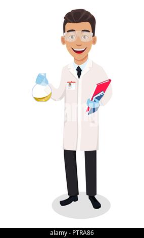 Scientist man. Handsome cartoon character holding flask and documents. Vector illustration on white background. Stock Vector