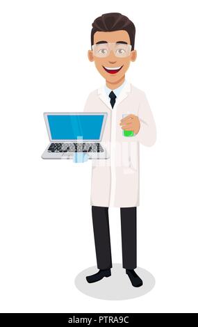 Scientist man. Handsome cartoon character holding laptop. Vector illustration on white background. Stock Vector