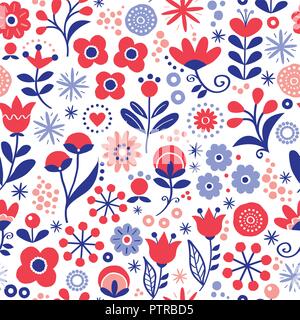 Floral seamless vector pattern - hand drawn vintage Scandinavian style textile design with red and navy blue flowers on white. Retro repetitive deco Stock Vector