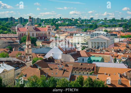 Vilnius cityscape, aerial view of Vilnius old town showing the Pilies Gatve  area leading up to the neoclassical Town Hall building, Lithuania. Stock Photo