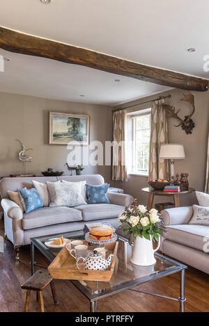 Victoria sponge cake on tray with teapot in living room of restored 16th century farmhouse Stock Photo