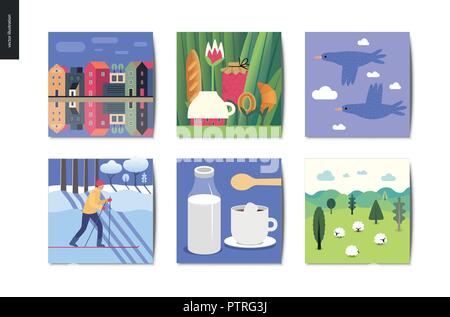 Simple things - cards - flat cartoon vector illustration of town houses, canal bank, two birds, man skiing, coffee, milk, sugar, field with sheep, tee Stock Vector