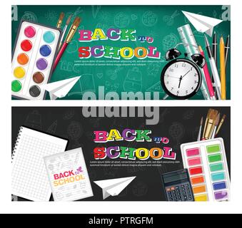 Back to school banners set Vector realistic. Alarm clock, brushes, pencil, watercolor palettes. 3d detailed illustration Stock Vector