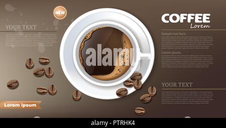 Coffee cup banner Vector realistic. Product placement mock up. Dark beans, coffee background. top view 3d illustration Stock Vector
