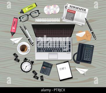 Laptop and office supplies business set collection Vector realistic. Glasses, bag, gadgets 3d detailed illustration Stock Vector