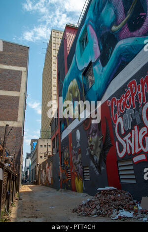 Johannesburg, South Africa, Oct. 10, 2018. An alleyway decorated with murals is seen as the annual “City Of Gold” Urban Art Festival kicked off its graffiti street tour in Johannesburg today.  Labelled vandalism by some, the festival highlights the positive aspects of this art form and seeks to increase the appreciation for it among the general public.   These mural projects often enhance and activate sites in the Johannesburg inner-city area that are either forgotten or feared by the city’s inhabitants, organizers said. Credit: Eva-Lotta Jansson/Alamy Live News