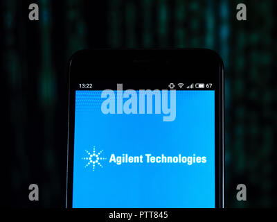 Kiev, Ukraine. 10th Oct, 2018. Agilent Technologies, Analytical laboratory instrument manufacturing company logo seen displayed on smart phone. Agilent Technologies is an American public research, development and manufacturing company established in 1999 as a spin-off from Hewlett-Packard. The resulting IPO of Agilent stock was the largest in the history of Silicon Valley at the time. Credit: Igor Golovniov/SOPA Images/ZUMA Wire/Alamy Live News Stock Photo