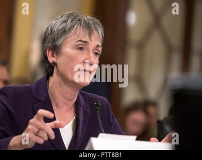 United States Secretary of the Air Force Heather Wilson gives testimony before the US Senate Committee on Armed Services Subcommittee on Readiness and Management Support during a hearing titled 'US Air Force Readiness' on Capitol Hill in Washington, DC on Wednesday, October 10, 2018. Credit: Ron Sachs/CNP /MediaPunch Stock Photo