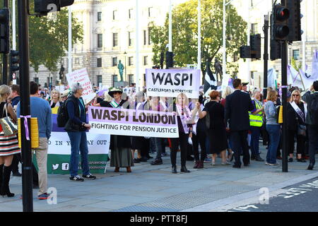 WASPI .London, UK. 10th October 2018 Women protest in Parliament Square, London against government increase in the state pension age for women to 66 years. The demonstration started in Hyde park and continued in Parliament square. The protesters blocked the flow of traffic but the gathering was peaceful. Credit: Russell Moore/Alamy Live News     See Russell Moore portfolio page. Stock Photo