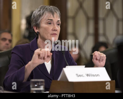 Washington, District of Columbia, USA. 10th Oct, 2018. United States Secretary of the Air Force Heather Wilson gives testimony before the US Senate Committee on Armed Services Subcommittee on Readiness and Management Support during a hearing titled ''US Air Force Readiness'' on Capitol Hill in Washington, DC on Wednesday, October 10, 2018 Credit: Ron Sachs/CNP/ZUMA Wire/Alamy Live News Stock Photo